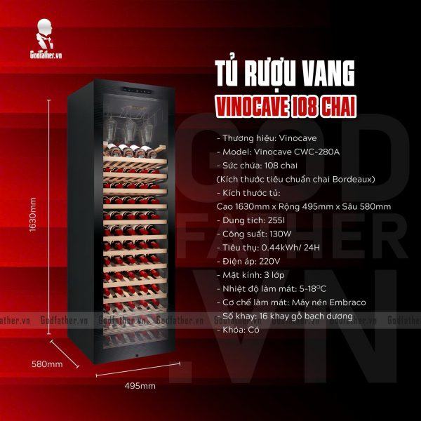 Tủ bảo quản rượu vang Vinocave 108 chai treo ly